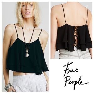 Free People Tropical Wave tie Back Ruffle Layered Crop Top Black